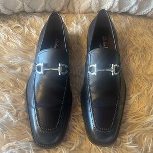 Salvatore Ferragamo Black Leather Loafers with Silver Buckle